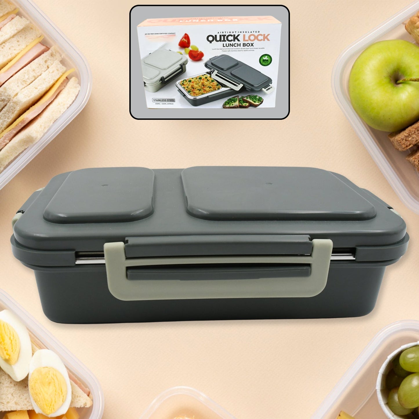 Miracle Quick Lock Leak Proof 2 Compartment Stainless Steel LUNCH BOX Inner Plate Reusable Microwave Freezer Safe Lunch Box Trendy Thermal Insulation Leak Proof for Office Vacuum Tiffin Box for Boys / Girls / School / Office Women and Men