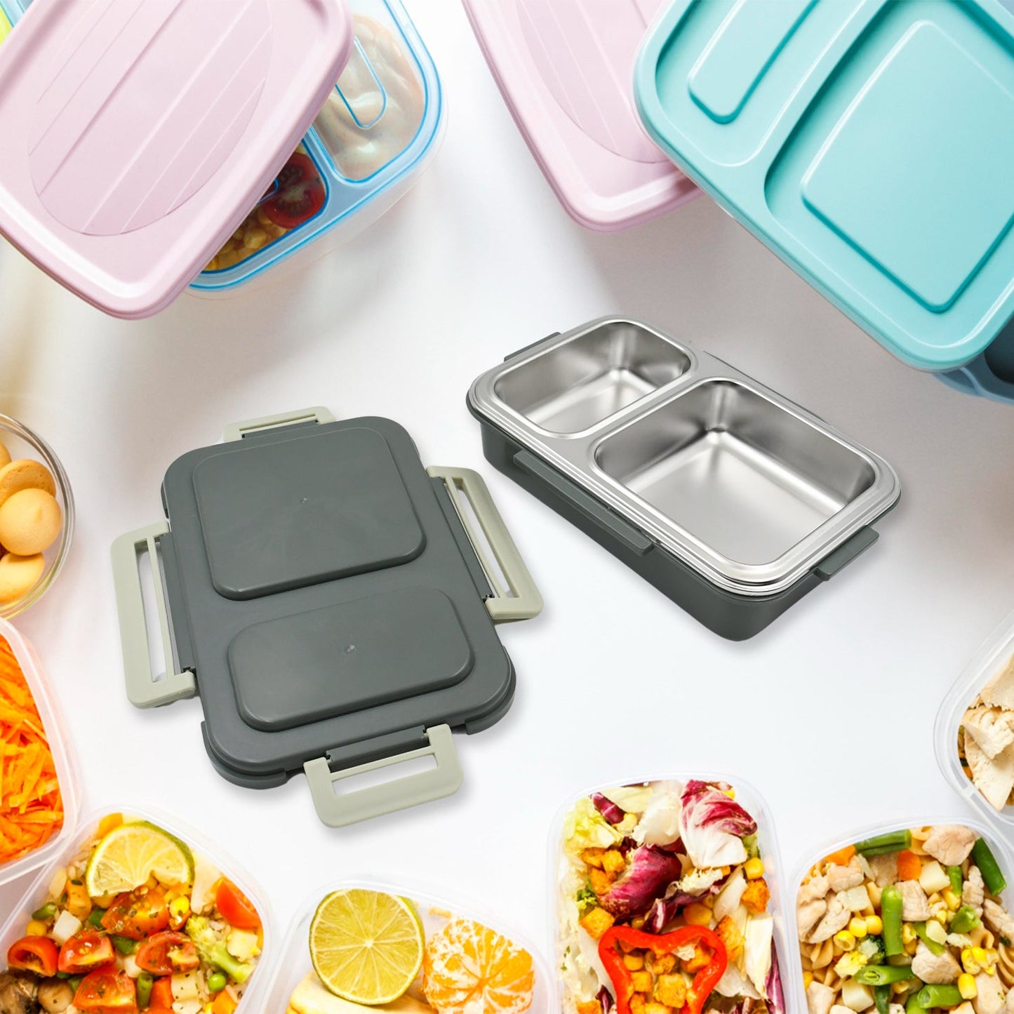 Miracle Quick Lock Leak Proof 2 Compartment Stainless Steel LUNCH BOX Inner Plate Reusable Microwave Freezer Safe Lunch Box Trendy Thermal Insulation Leak Proof for Office Vacuum Tiffin Box for Boys / Girls / School / Office Women and Men