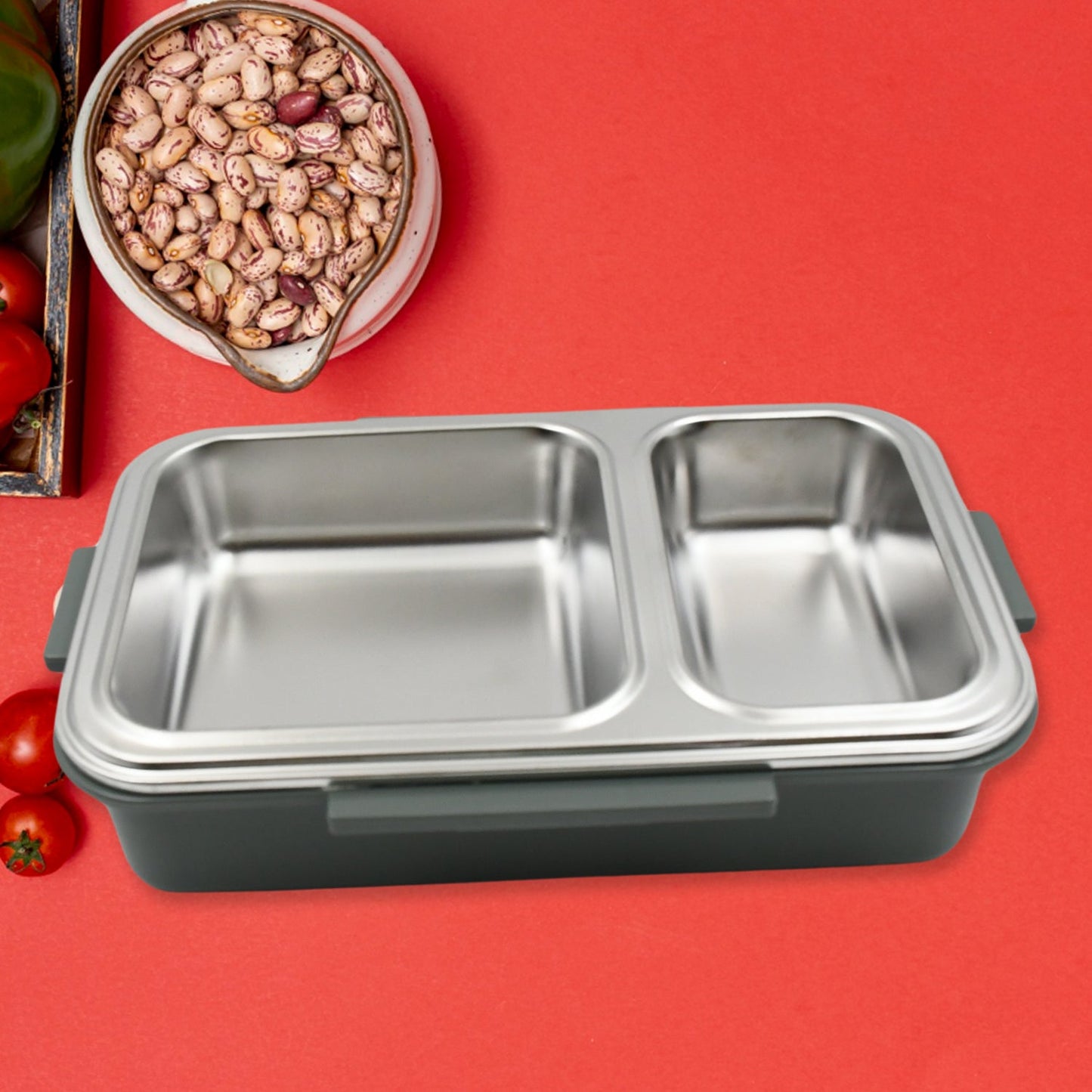 Miracle Quick Lock Leak Proof 2 Compartment Stainless Steel LUNCH BOX Inner Plate Reusable Microwave Freezer Safe Lunch Box Trendy Thermal Insulation Leak Proof for Office Vacuum Tiffin Box for Boys / Girls / School / Office Women and Men