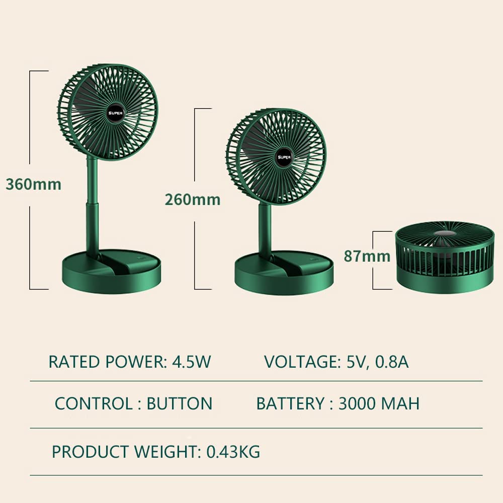 Portable Folding Fan, Rechargeable Standing Pedestal USB Fan