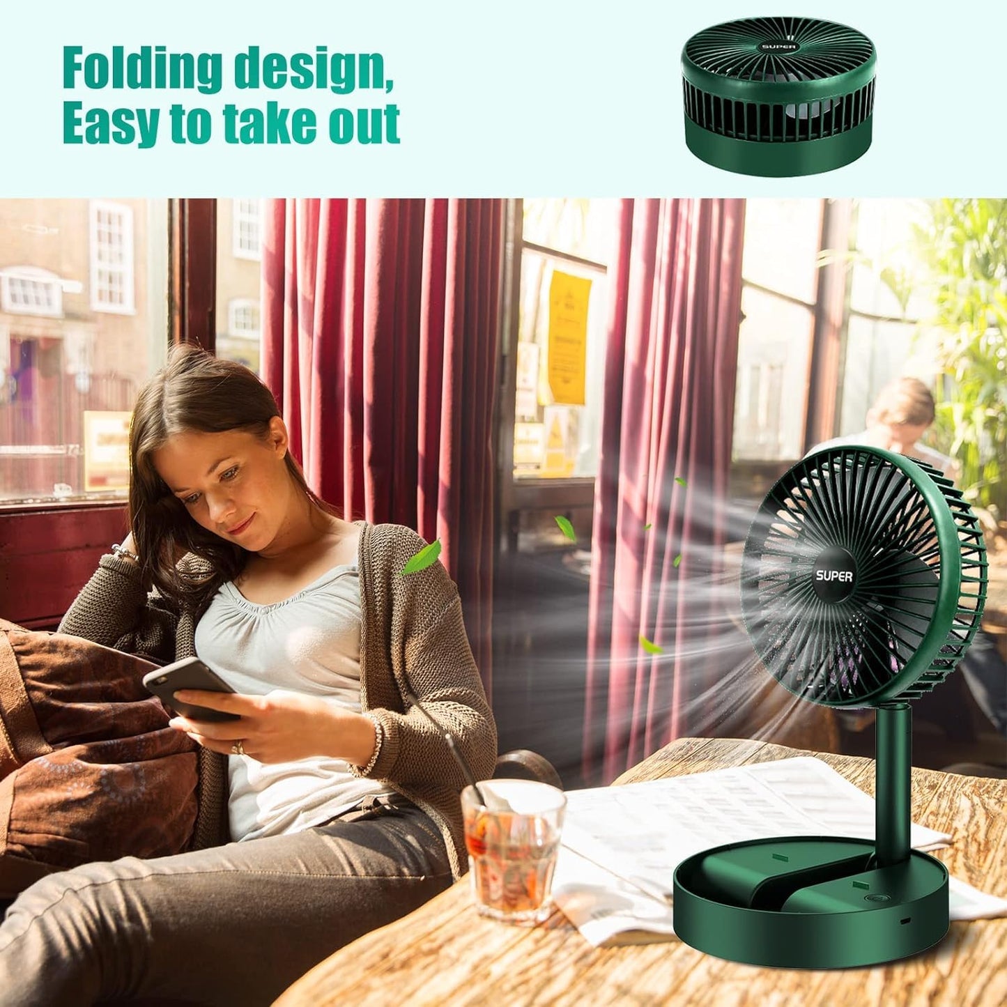 Portable Folding Fan, Rechargeable Standing Pedestal USB Fan
